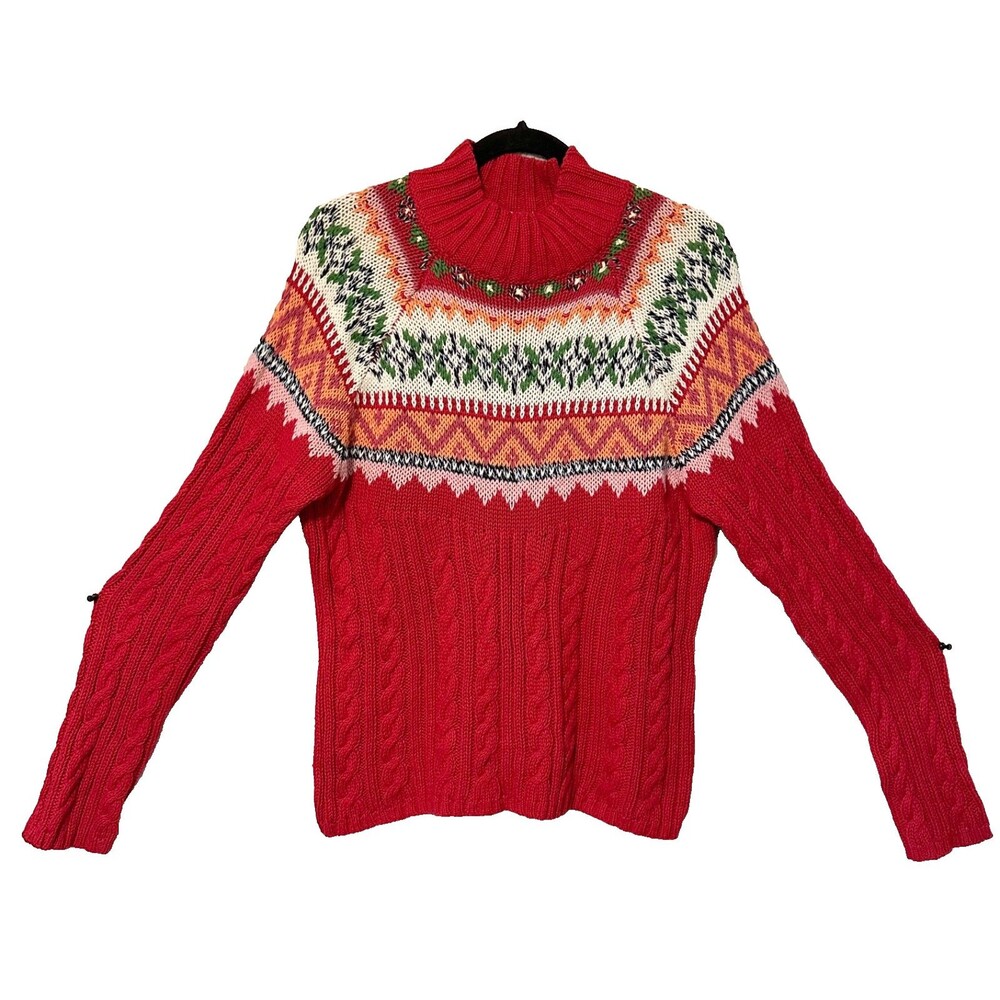 Villager Liz Claiborne Fair Isle Sweater Womens XL Cable Knit‎ Mock Neck Holiday